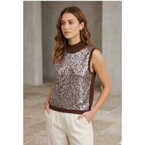 STARKx Georgia Sequin Sleeveless Top Vest in Chocolate Brown XS